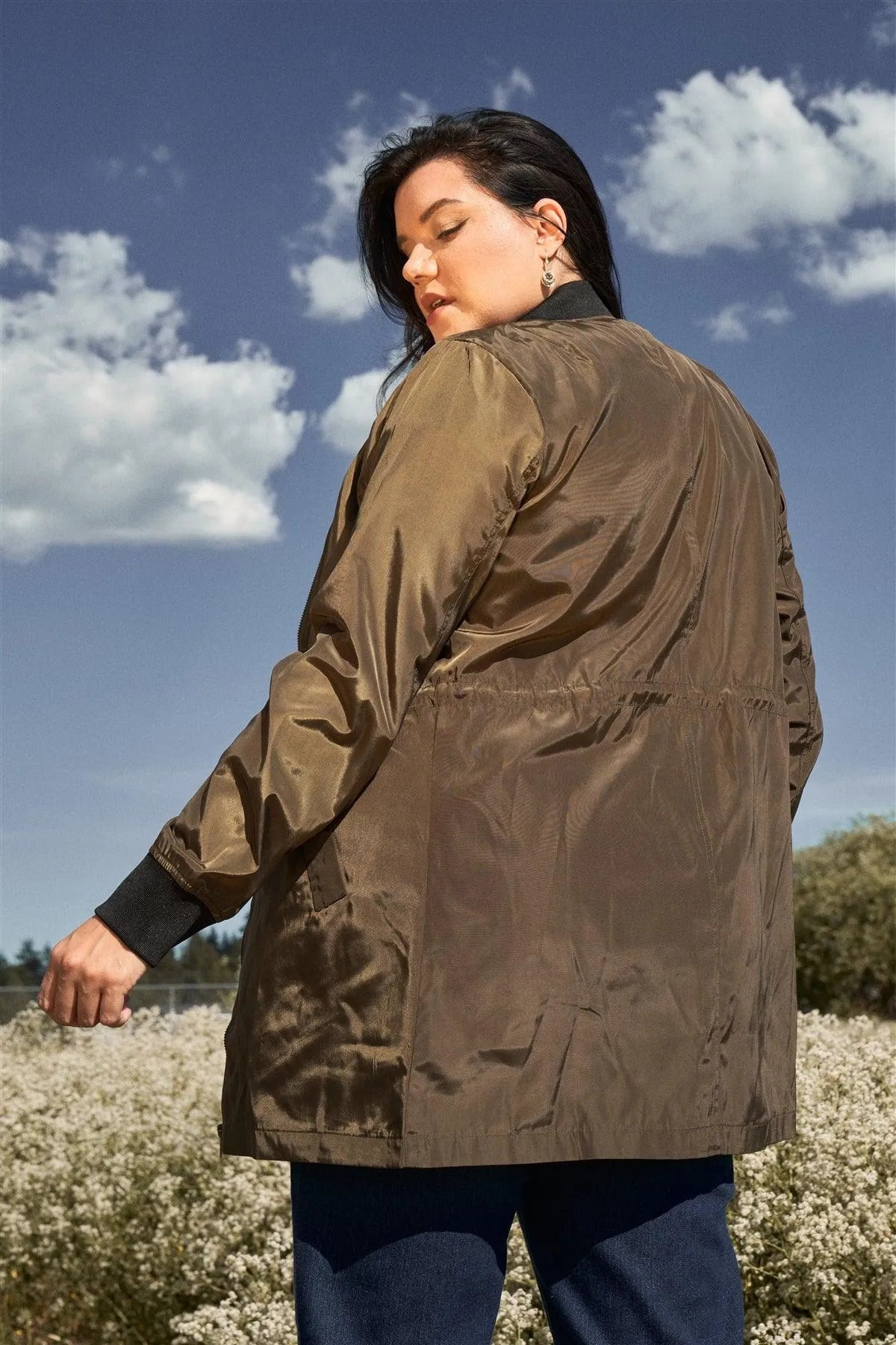 Junior Plus Olive Drawstring Trim Zip-Up Fitted Coach Rain Jacket /2-2-2 - Tasha Apparel Wholesale