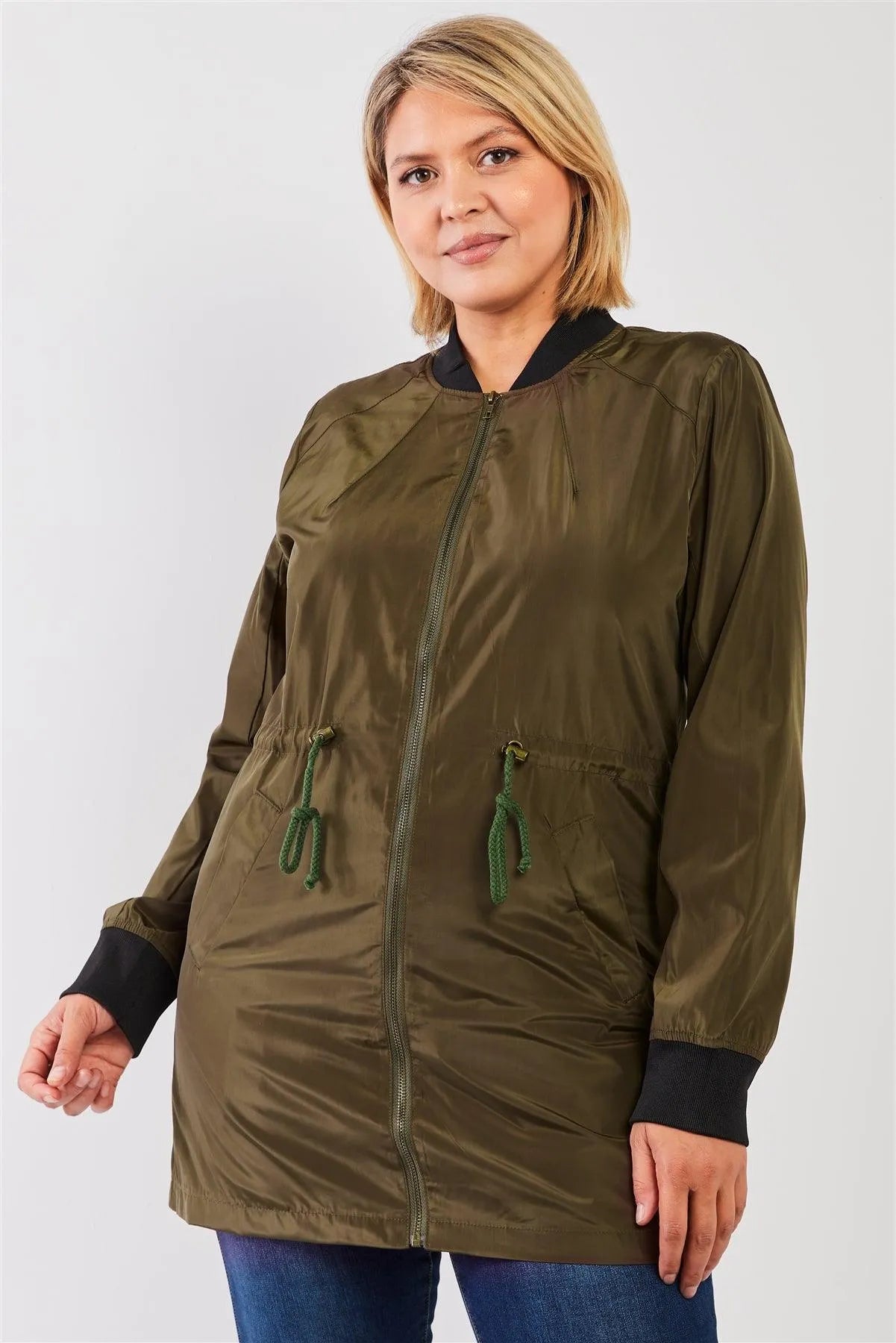 Junior Plus Olive Drawstring Trim Zip-Up Fitted Coach Rain Jacket /2-2-2 - Tasha Apparel Wholesale