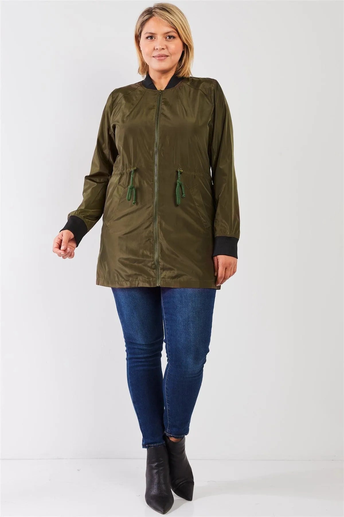 Junior Plus Olive Drawstring Trim Zip-Up Fitted Coach Rain Jacket /2-2-2 - Tasha Apparel Wholesale