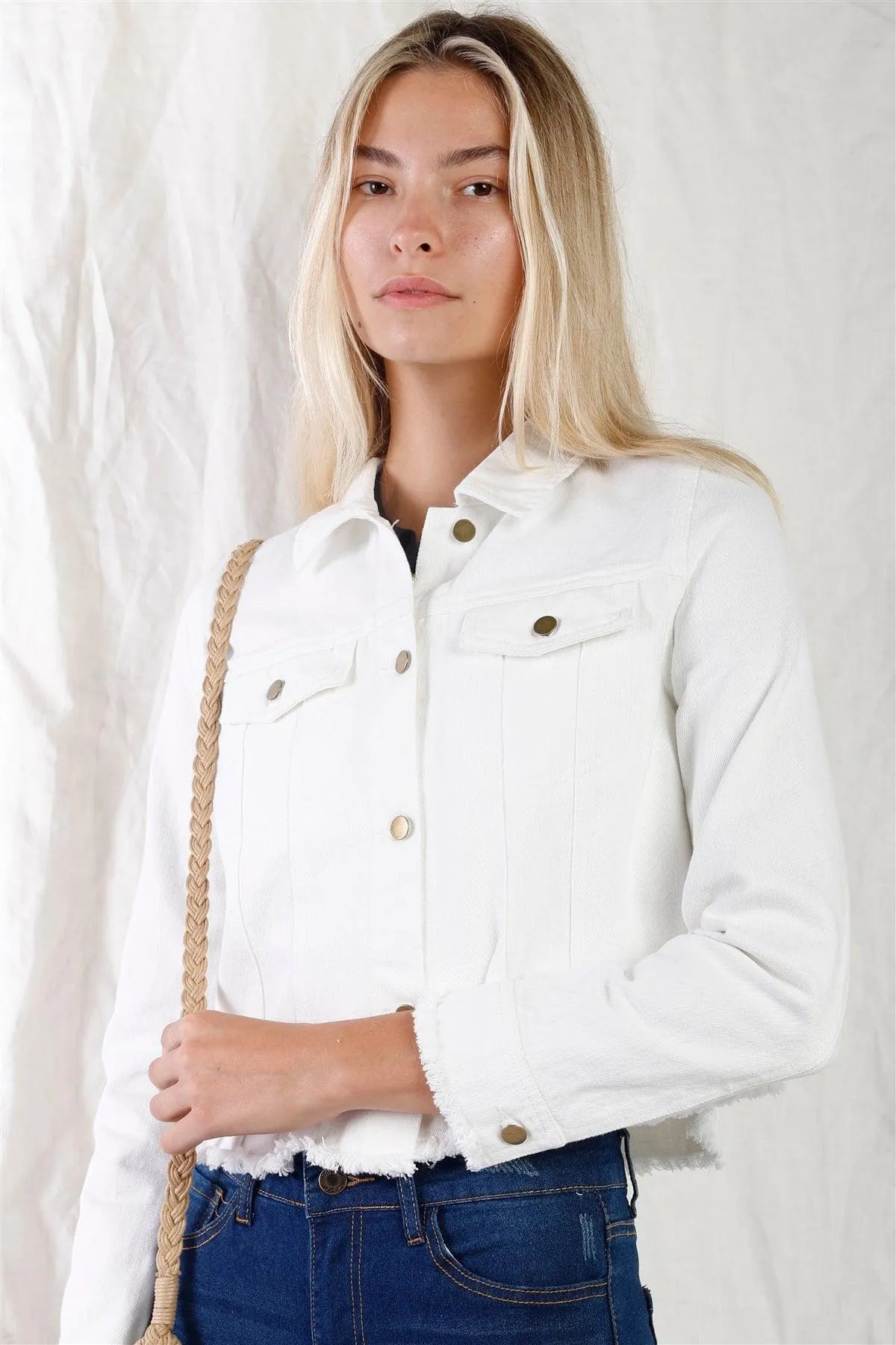 Off-White Cropped Raw Hem Long Sleeve Front Button Down Denim Jacket - Tasha Apparel Wholesale