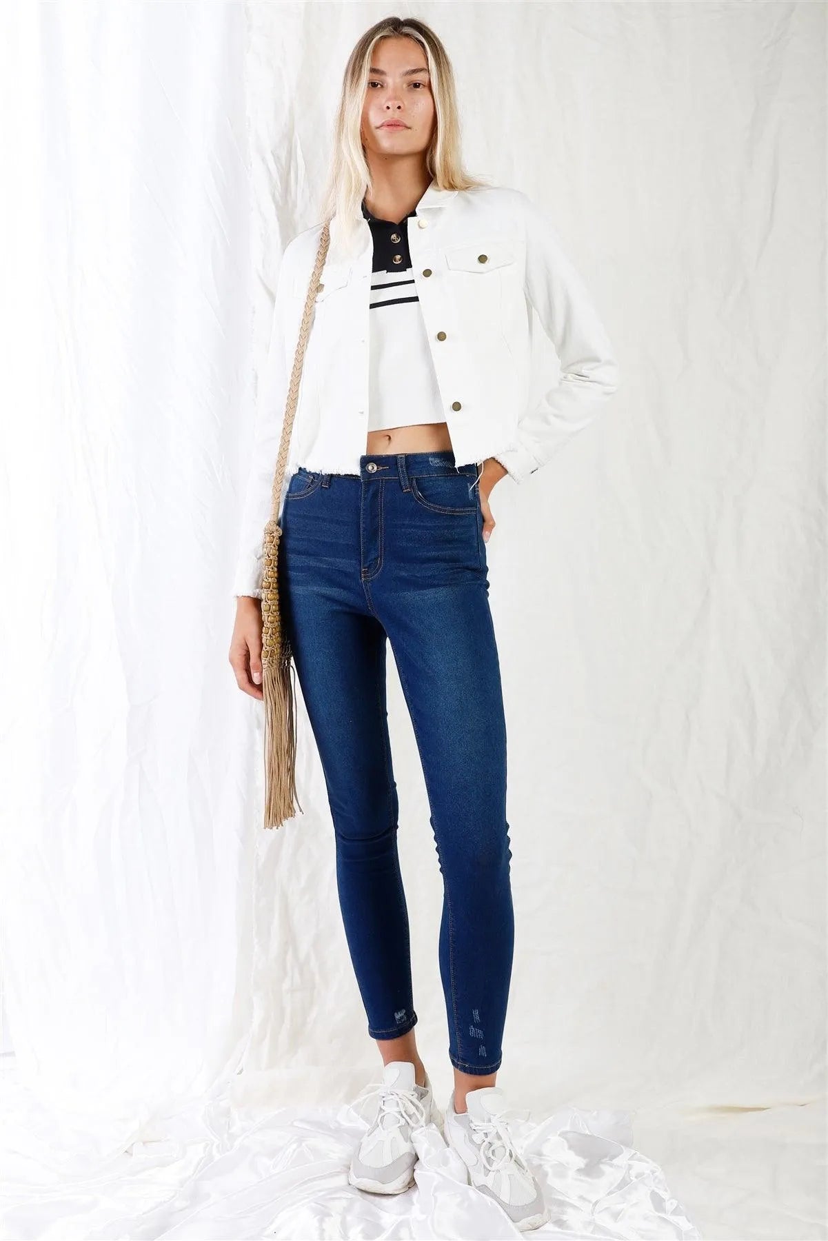 Off-White Cropped Raw Hem Long Sleeve Front Button Down Denim Jacket - Tasha Apparel Wholesale