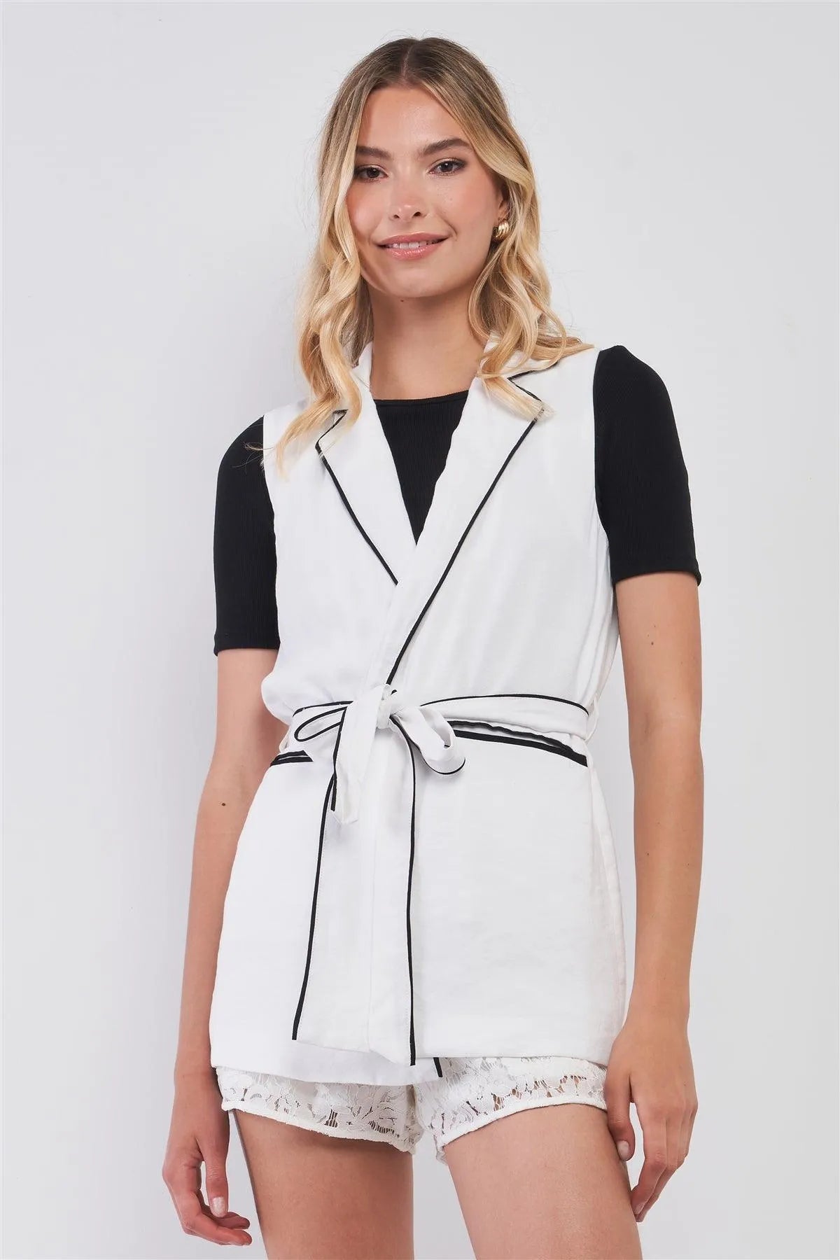 White & Black Sleeveless V-Neck Wrap Front Tie Belt Two Side Pockets Vest /1-2-2-1 - Tasha Apparel Wholesale