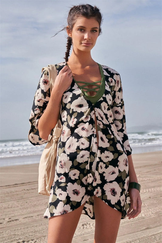 Black Floral Print Loose Fit Wide Kimono Style Midi Sleeve Tunic Cover Up Top /1-2-2-1 - Tasha Apparel Wholesale