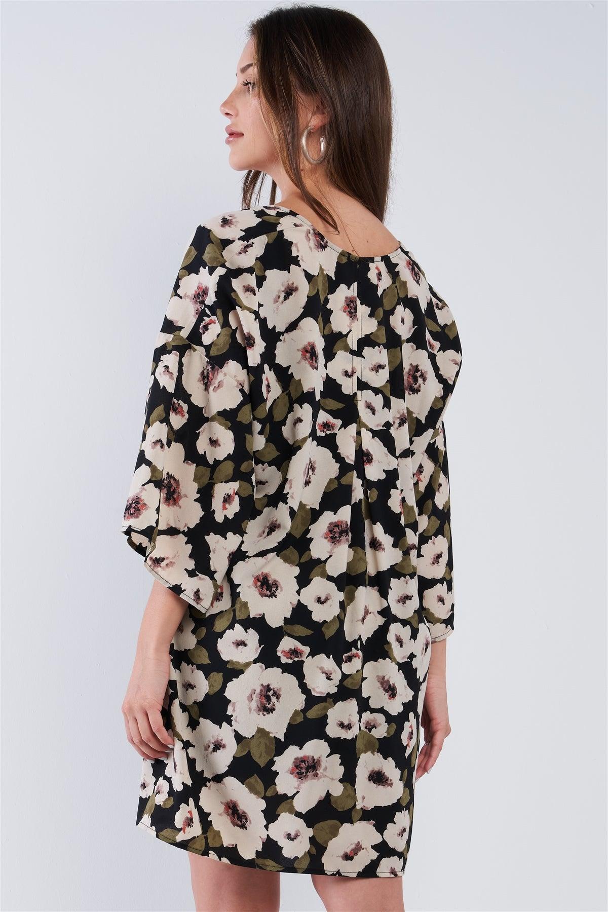 Black Floral Print Loose Fit Wide Kimono Style Midi Sleeve Tunic Cover Up Top /1-2-2-1