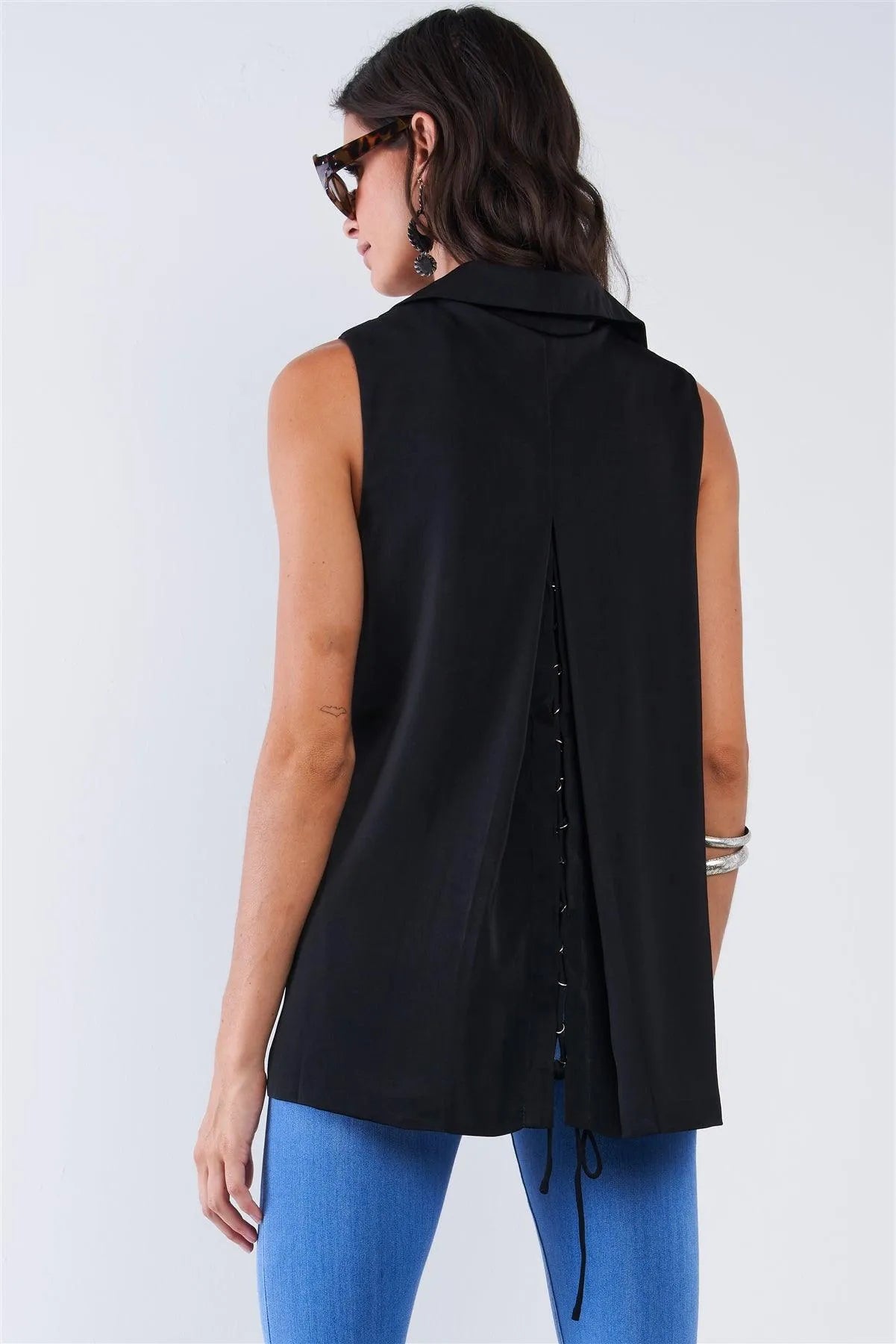 Black Corset Back Open Front Collared Sleeveless Vest With Pockets /1-2-2-1 - Tasha Apparel Wholesale