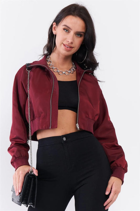 Wine Cropped Raglan Balloon Sleeve Rib Knit Cuff Bomber Jacket /2-2-1 - Tasha Apparel Wholesale