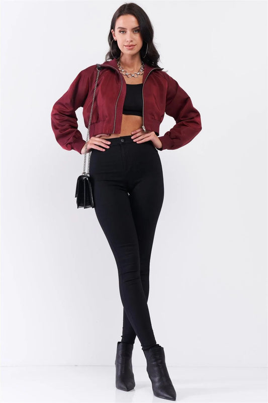 Wine Cropped Raglan Balloon Sleeve Rib Knit Cuff Bomber Jacket /3-2-1 - Tasha Apparel Wholesale