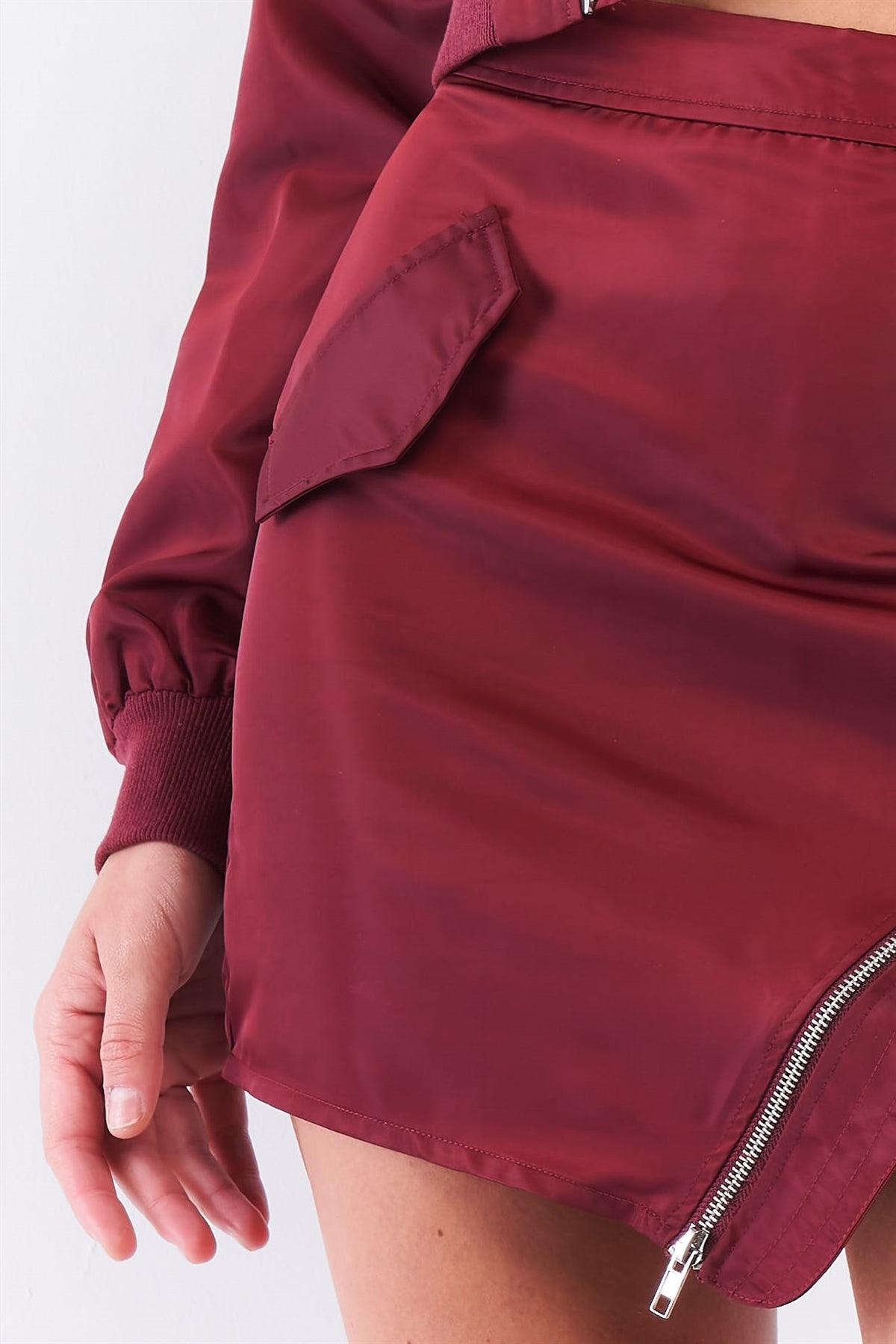 Wine Cropped Raglan Balloon Sleeve Rib Knit Cuff Bomber Jacket Asymmetrical Zipper Detail Mini Skirt Set/3-2-1