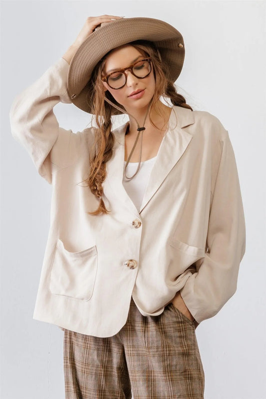 Light Taupe Botton-Up Collared Neck Long Sleeve Blazer /2-2-2 - Tasha Apparel Wholesale
