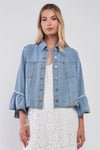 Button Up Ruffle Sleeve Detail Denim Jacket - Tasha Apparel Wholesale
