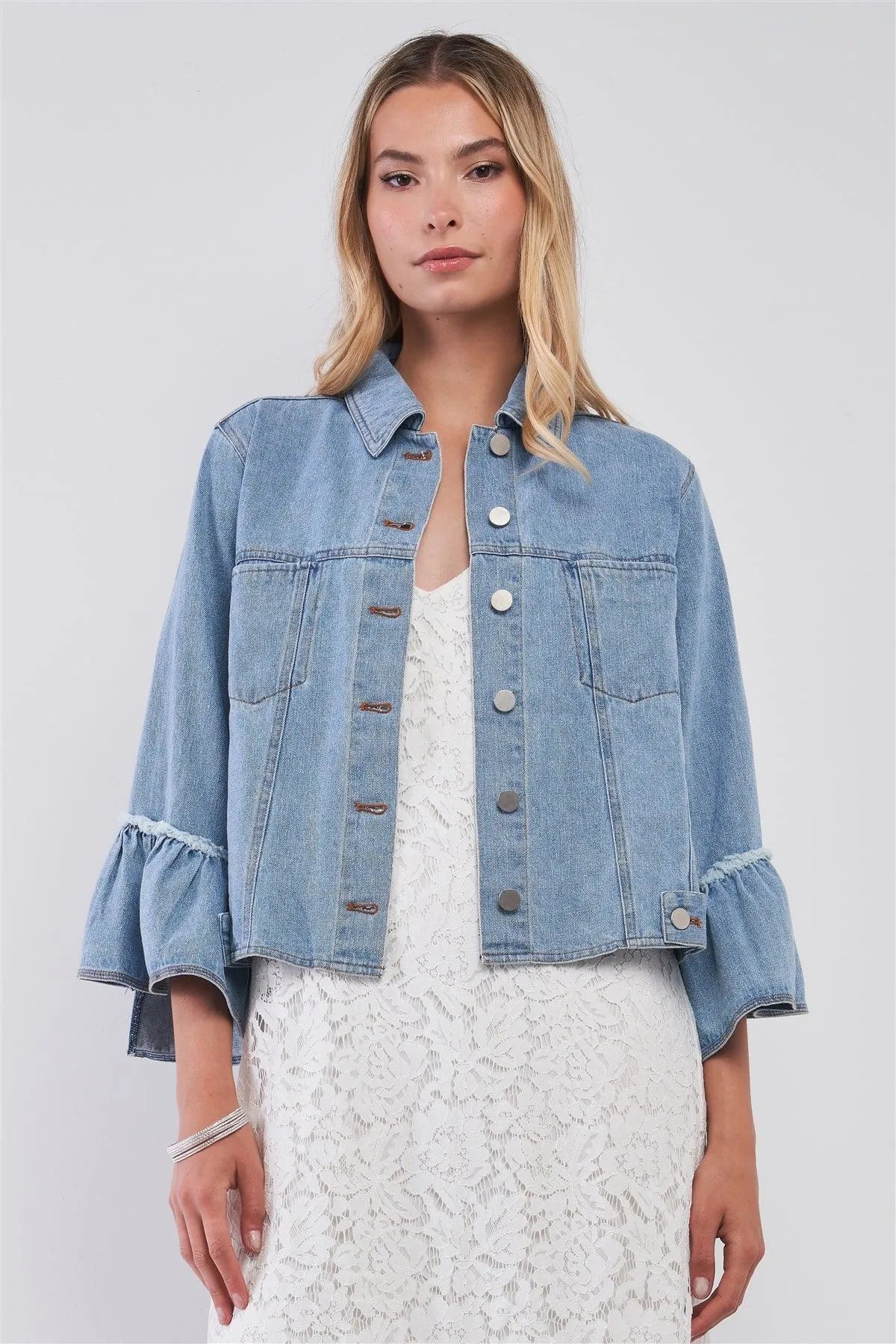 Button Up Ruffle Sleeve Detail Denim Jacket - Tasha Apparel Wholesale