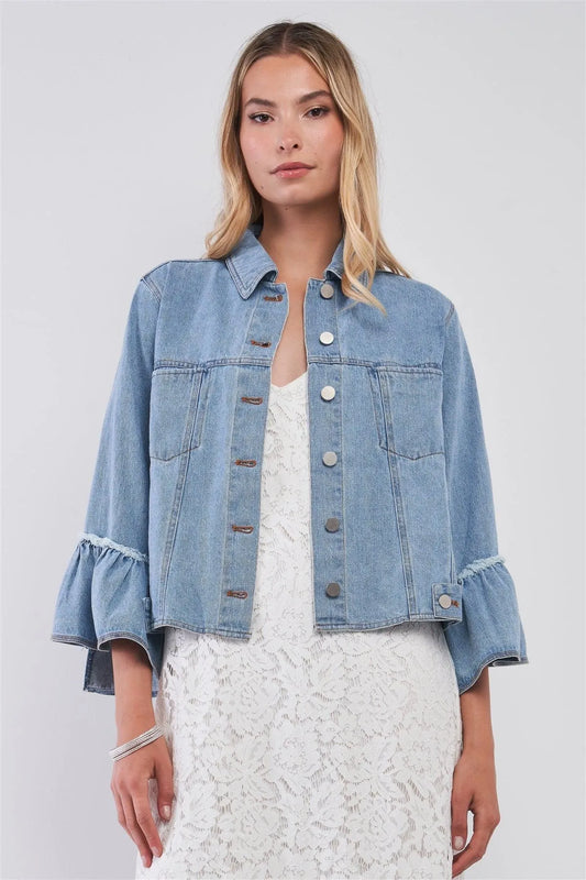 Button Up Ruffle Sleeve Detail Denim Jacket - Tasha Apparel Wholesale
