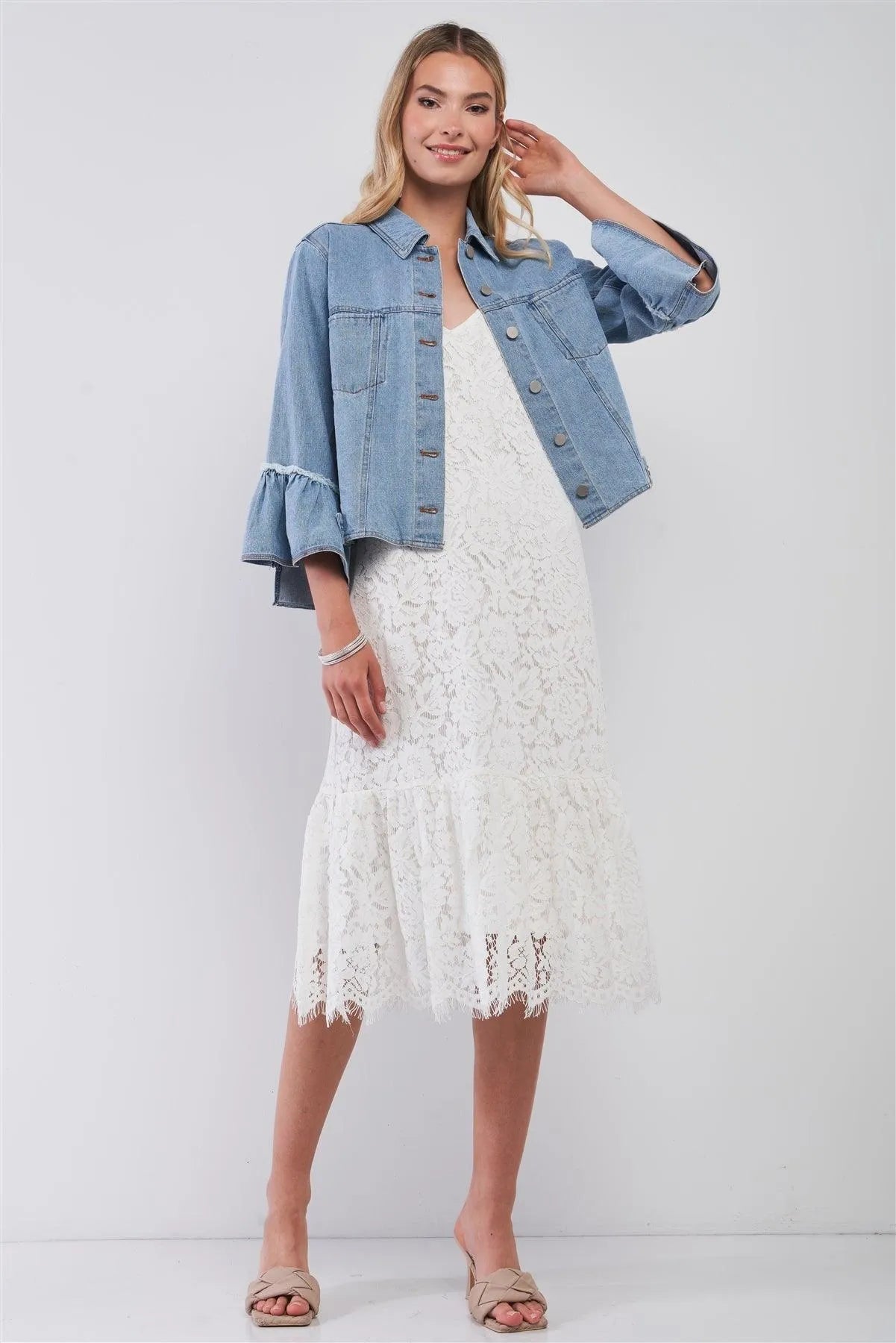 Button Up Ruffle Sleeve Detail Denim Jacket - Tasha Apparel Wholesale