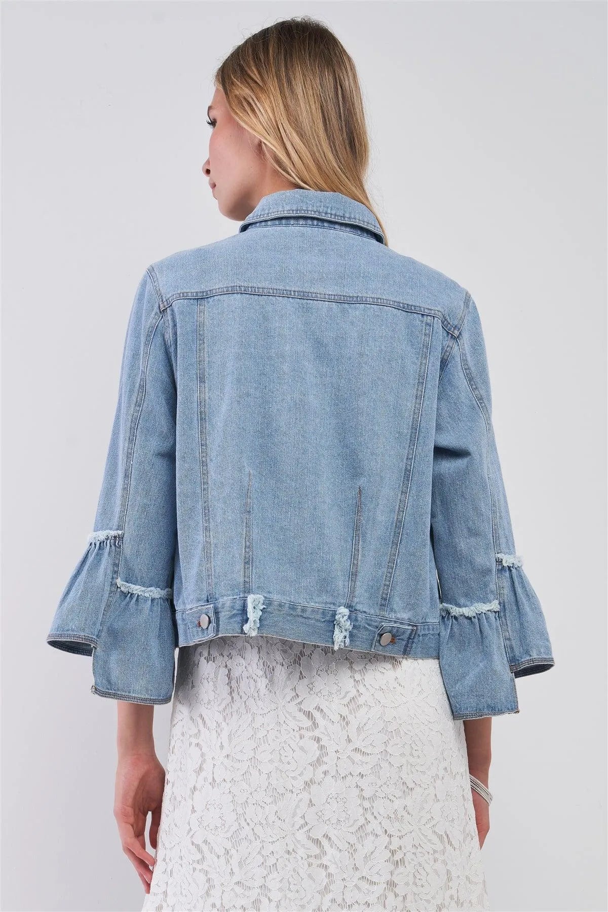 Button Up Ruffle Sleeve Detail Denim Jacket - Tasha Apparel Wholesale