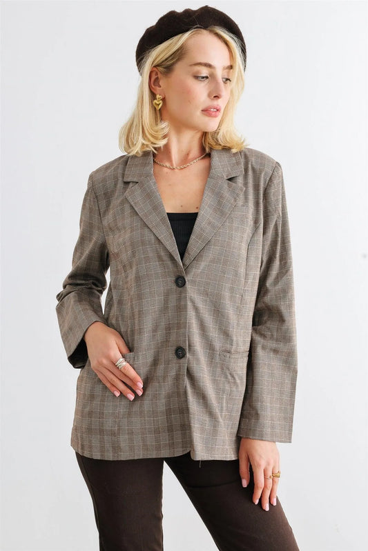 Brown Plaid Long Sleeve Button-Up Two Pocket Blazer /1-2-2-1 - Tasha Apparel Wholesale