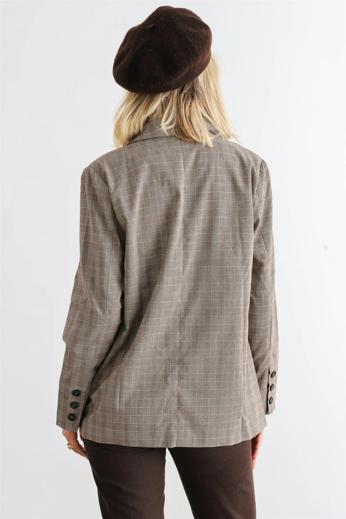 Brown Plaid Long Sleeve Button-Up Two Pocket Blazer /1-2-2-1 - Tasha Apparel Wholesale
