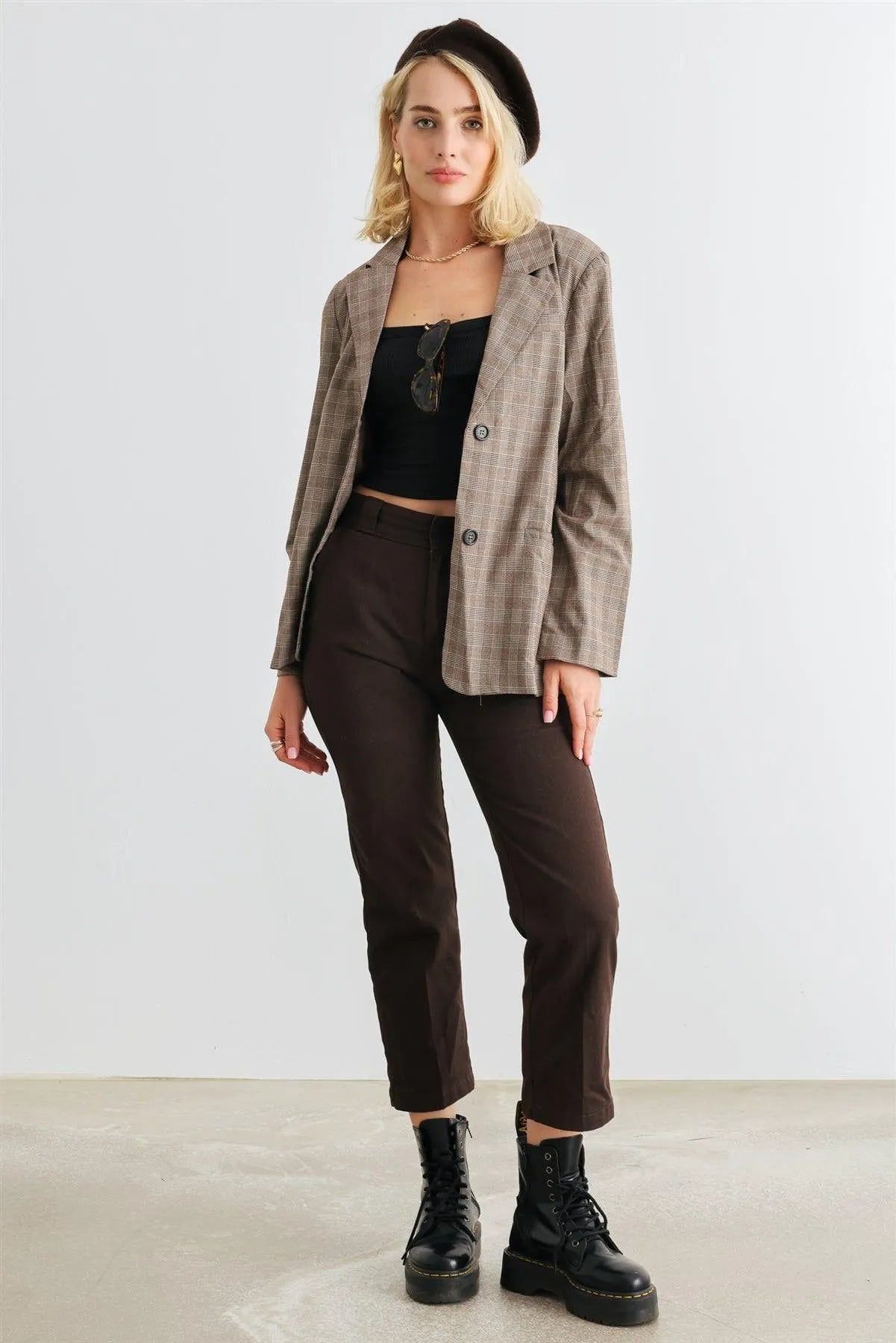 Brown Plaid Long Sleeve Button-Up Two Pocket Blazer /1-2-2-1 - Tasha Apparel Wholesale