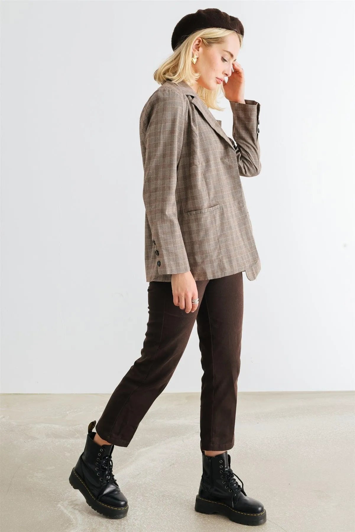 Brown Plaid Long Sleeve Button-Up Two Pocket Blazer /1-2-2-1 - Tasha Apparel Wholesale