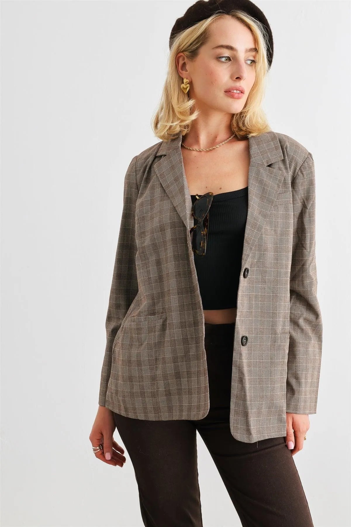 Brown Plaid Long Sleeve Button-Up Two Pocket Blazer /1-2-2-1 - Tasha Apparel Wholesale