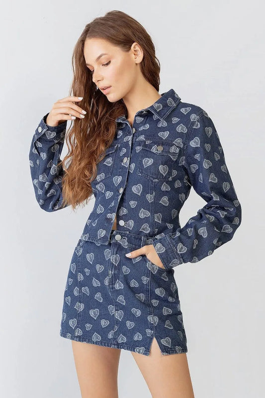 Indigo Heart Print Denim Collared Button-Up Crop Top & High Waist Mini Skirt Set /1-2-2-1 - Tasha Apparel Wholesale