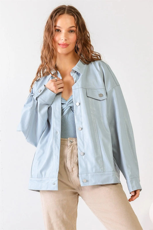 Baby Blue Faux Leather Button-Up Four Pocket Collared Neck Long Sleeve Jacket /1-2-2-1 - Tasha Apparel Wholesale