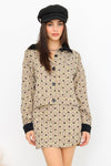 Tan Plaid & Floral Print Button-Up Collared Neck Long Sleeve Jacket & High Waist Two Pocket Mini Skirt Set /1-2-2-1