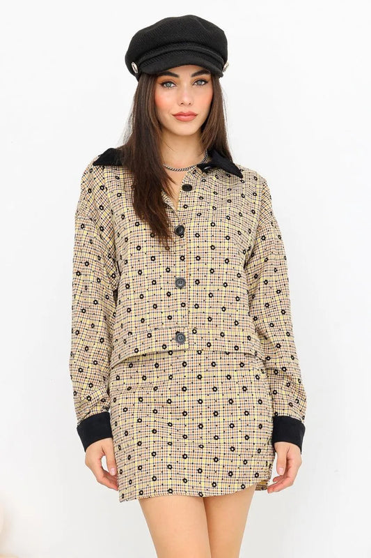 Tan Plaid & Floral Print Button-Up Collared Neck Long Sleeve Jacket & High Waist Two Pocket Mini Skirt Set /1-2-2-1 - Tasha Apparel Wholesale
