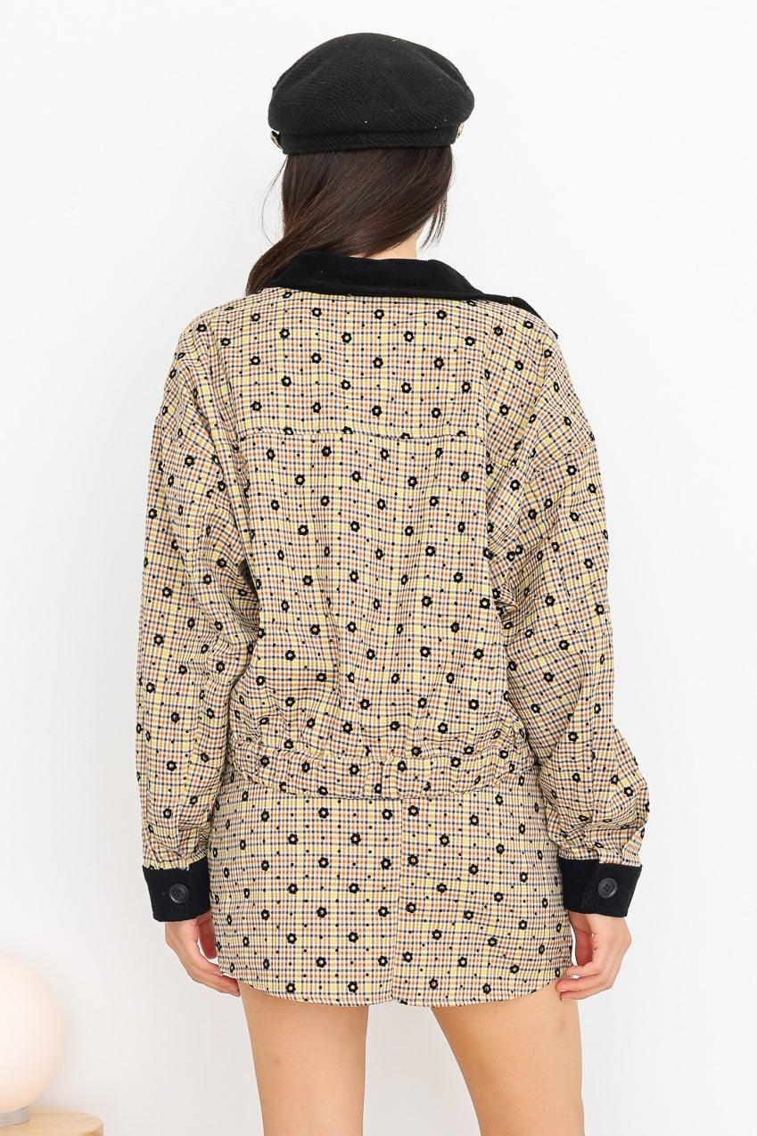 Tan Plaid & Floral Print Button-Up Collared Neck Long Sleeve Jacket & High Waist Two Pocket Mini Skirt Set /1-2-2-1