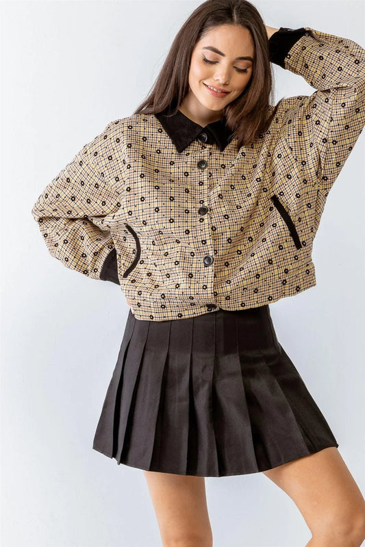Tan Plaid & Floral Print Button-Up Collared Neck Long Sleeve Jacket /1-2-2-1 - Tasha Apparel Wholesale