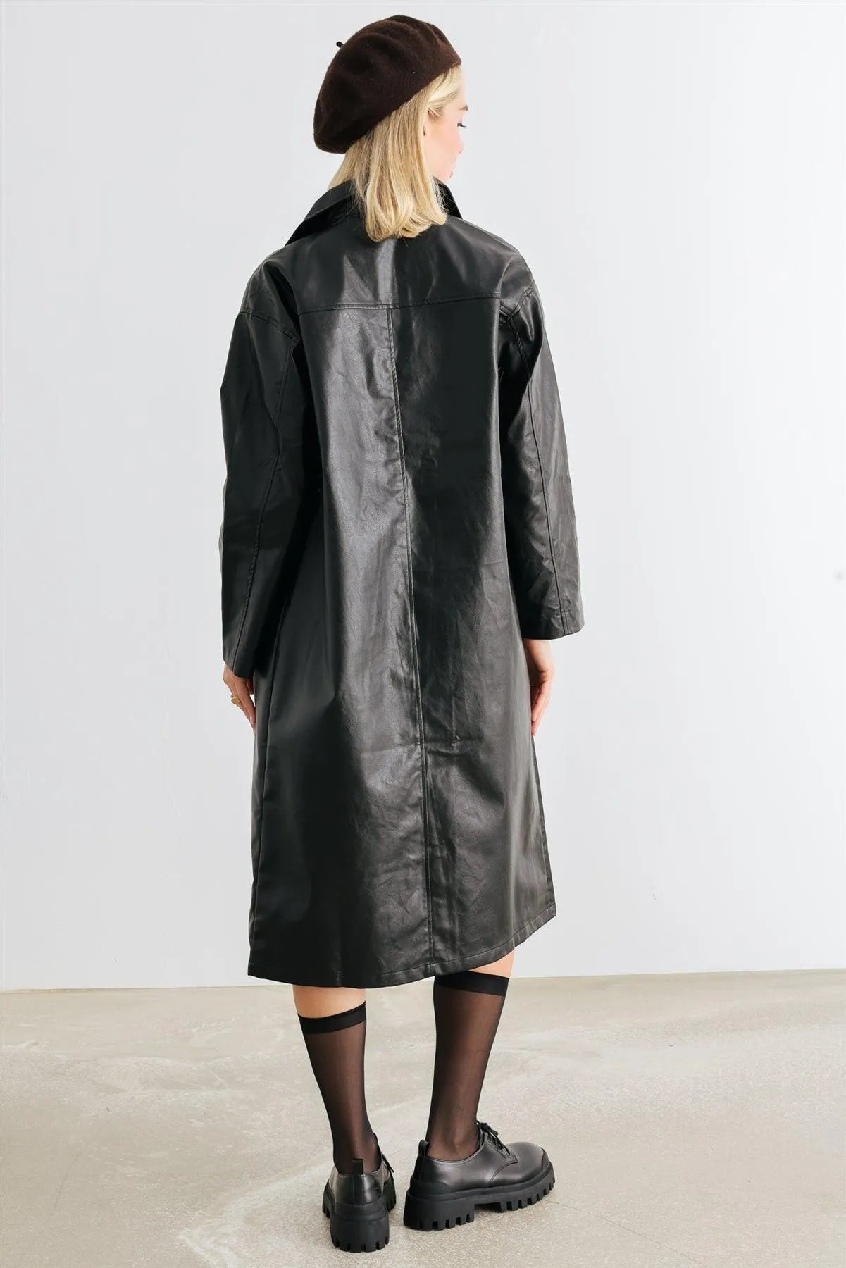 Black Faux Leather Button-Up Two Pocket Coat /1-2-2-1 - Tasha Apparel Wholesale