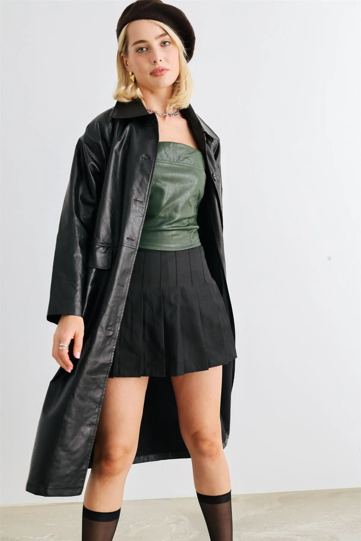 Black Faux Leather Button-Up Two Pocket Coat /1-2-2-1 - Tasha Apparel Wholesale