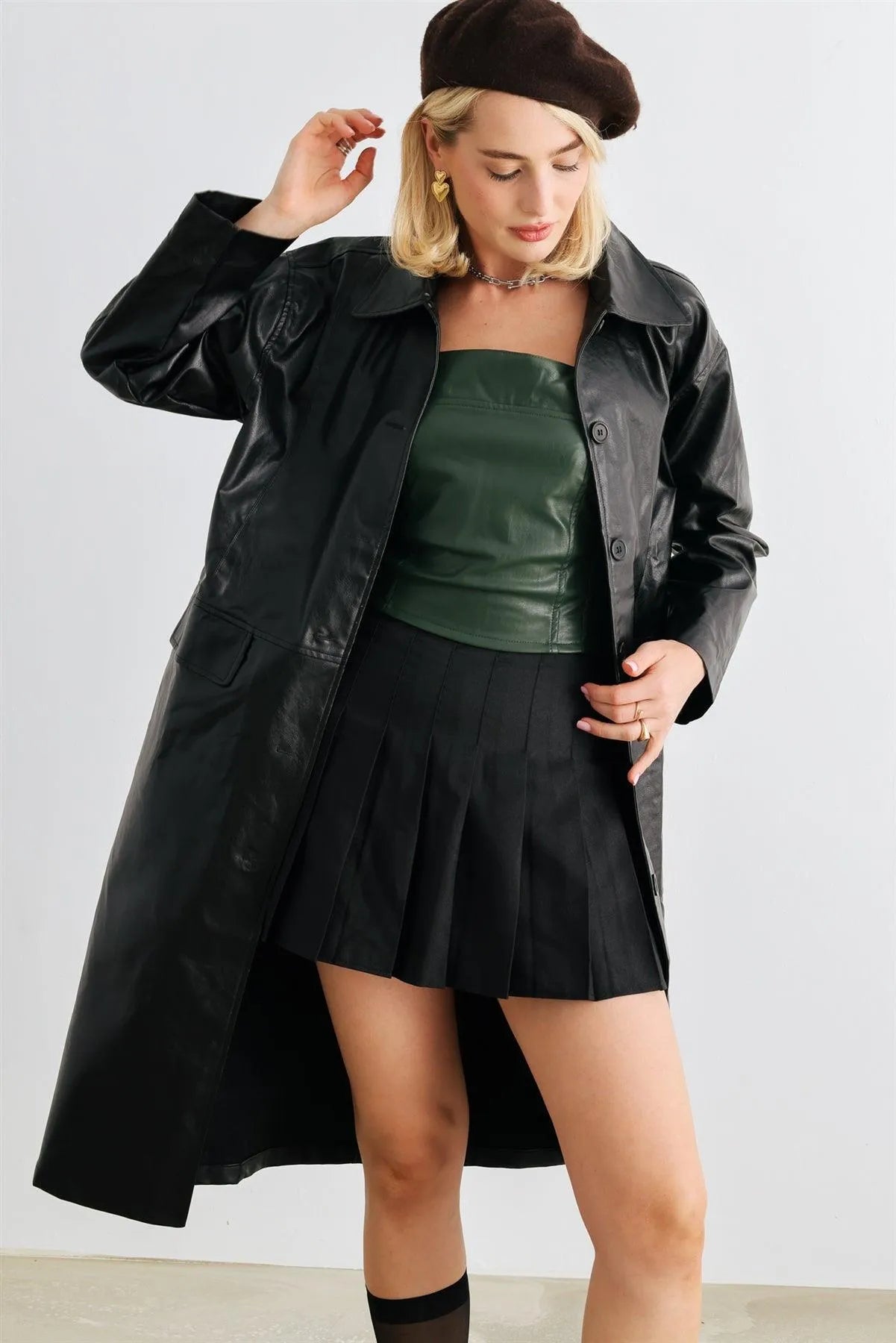 Black Faux Leather Button-Up Two Pocket Coat /1-2-2-1 - Tasha Apparel Wholesale