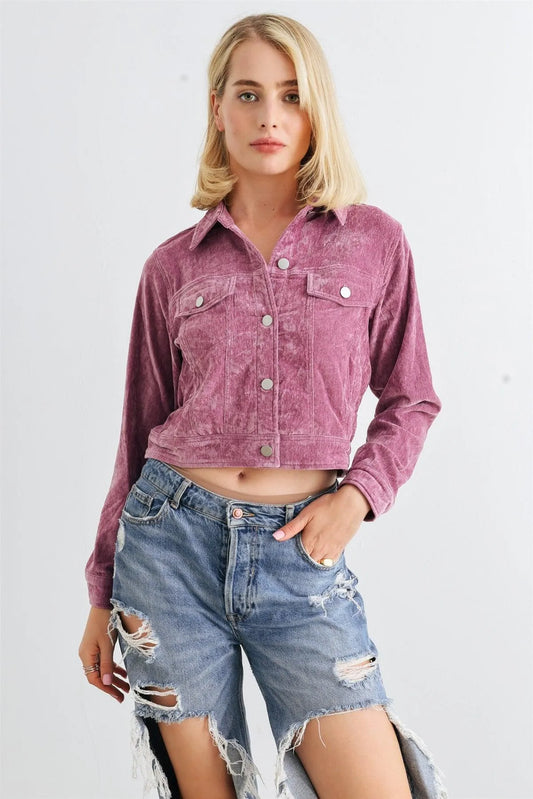 Mauve Velvet Button-Up Collared Neck Four Pocket Long Sleeve Jacket /1-2-2-1 - Tasha Apparel Wholesale