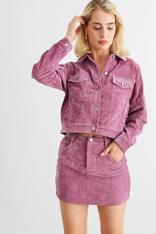 Mauve Velvet Button-Up Four Pocket Jacket & High Waist Mini Skirt Set /1-2-2-1 - Tasha Apparel Wholesale
