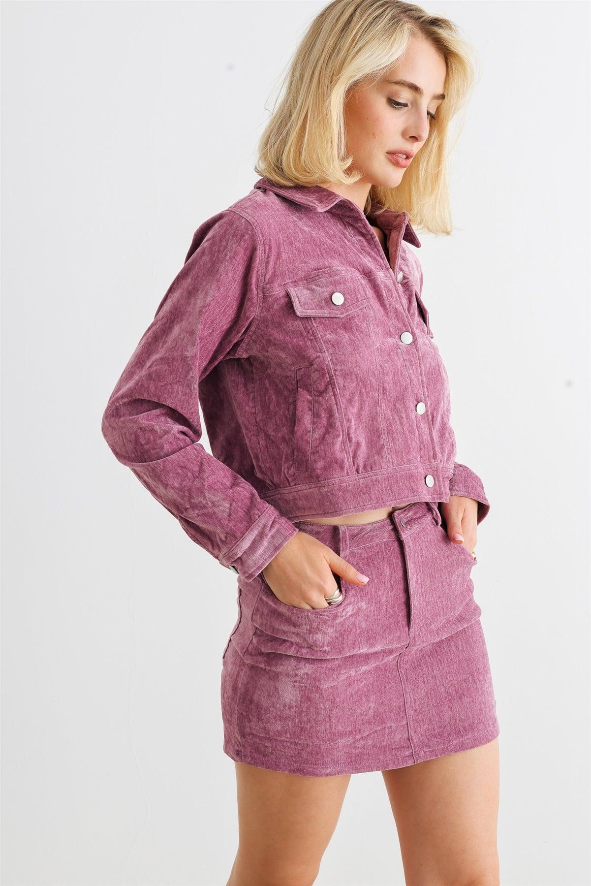 Mauve Velvet Button-Up Four Pocket Jacket & High Waist Mini Skirt Set /1-2-2-1