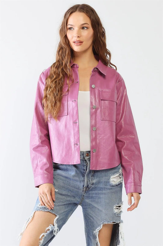 Pink Faux Leather Button Two Pocket Collared Neck Long Sleeve Jacket /1-2-2-1 - Tasha Apparel Wholesale