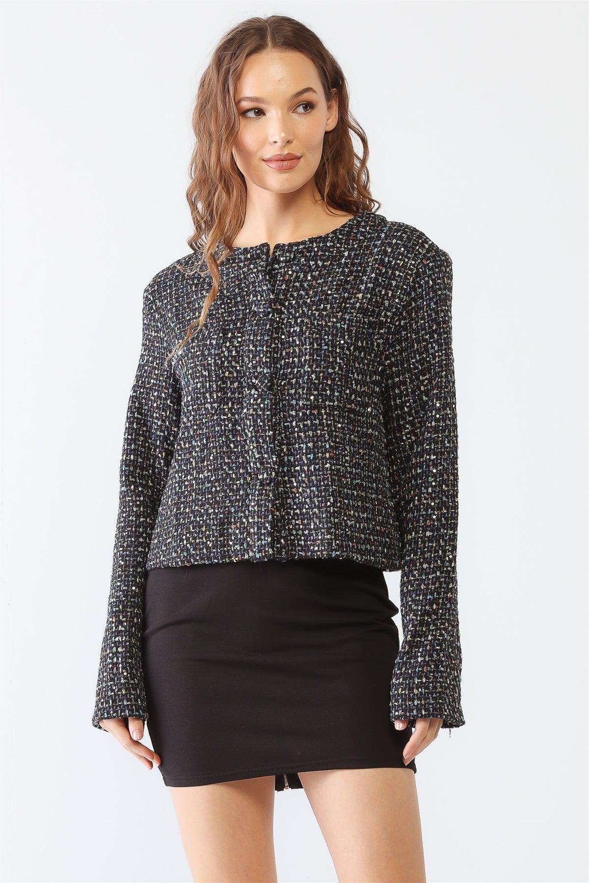 Black Tweed Sequin Multicolor Embroidery Button-Up Two Pocket Long Sleeve Jacket /1-2-2-1