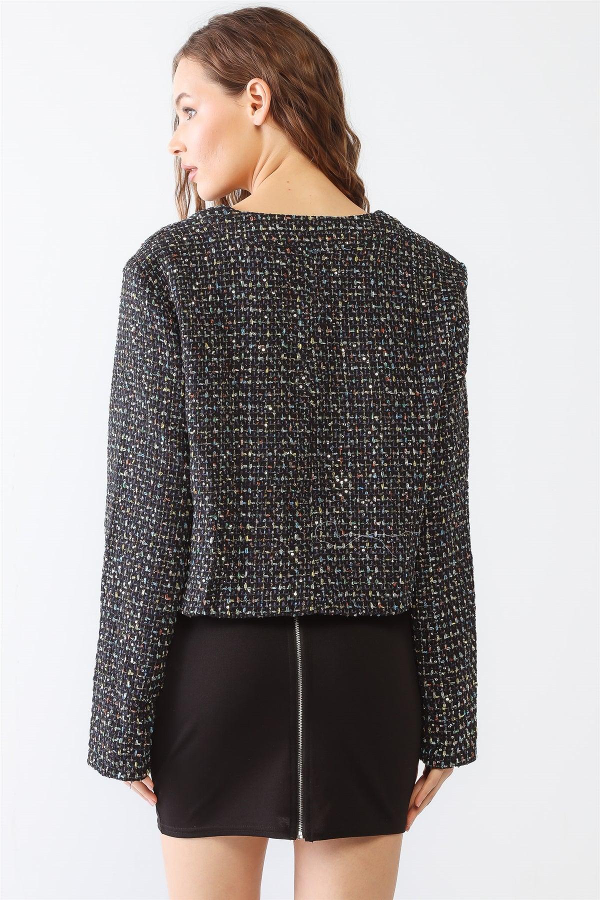 Black Tweed Sequin Multicolor Embroidery Button-Up Two Pocket Long Sleeve Jacket /1-2-2-1