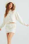 Cream Denim Cotton Collared Neck Button-Up Jacket & High Waist Mini Skirt Set /1-2-1-1 - Tasha Apparel Wholesale