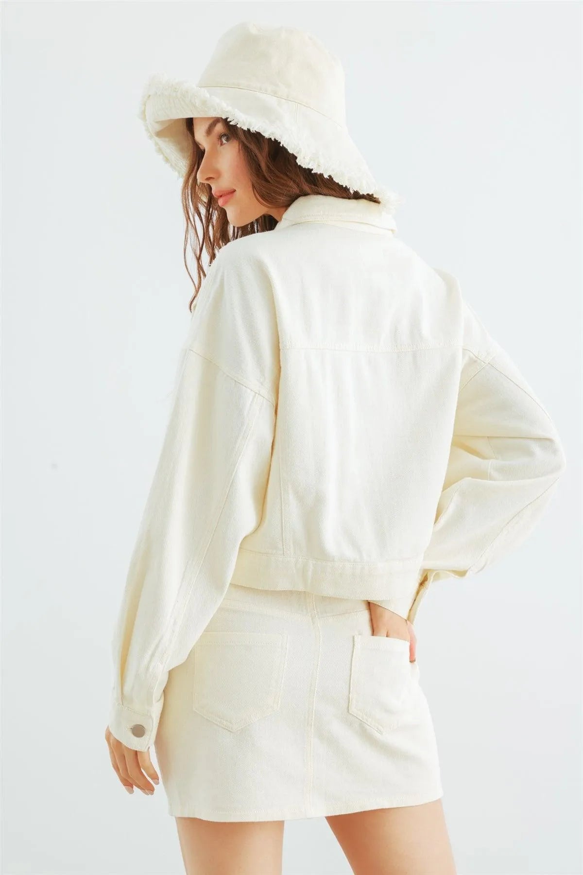 Cream Denim Cotton Collared Neck Button-Up Jacket & High Waist Mini Skirt Set /1-2-1-1 - Tasha Apparel Wholesale