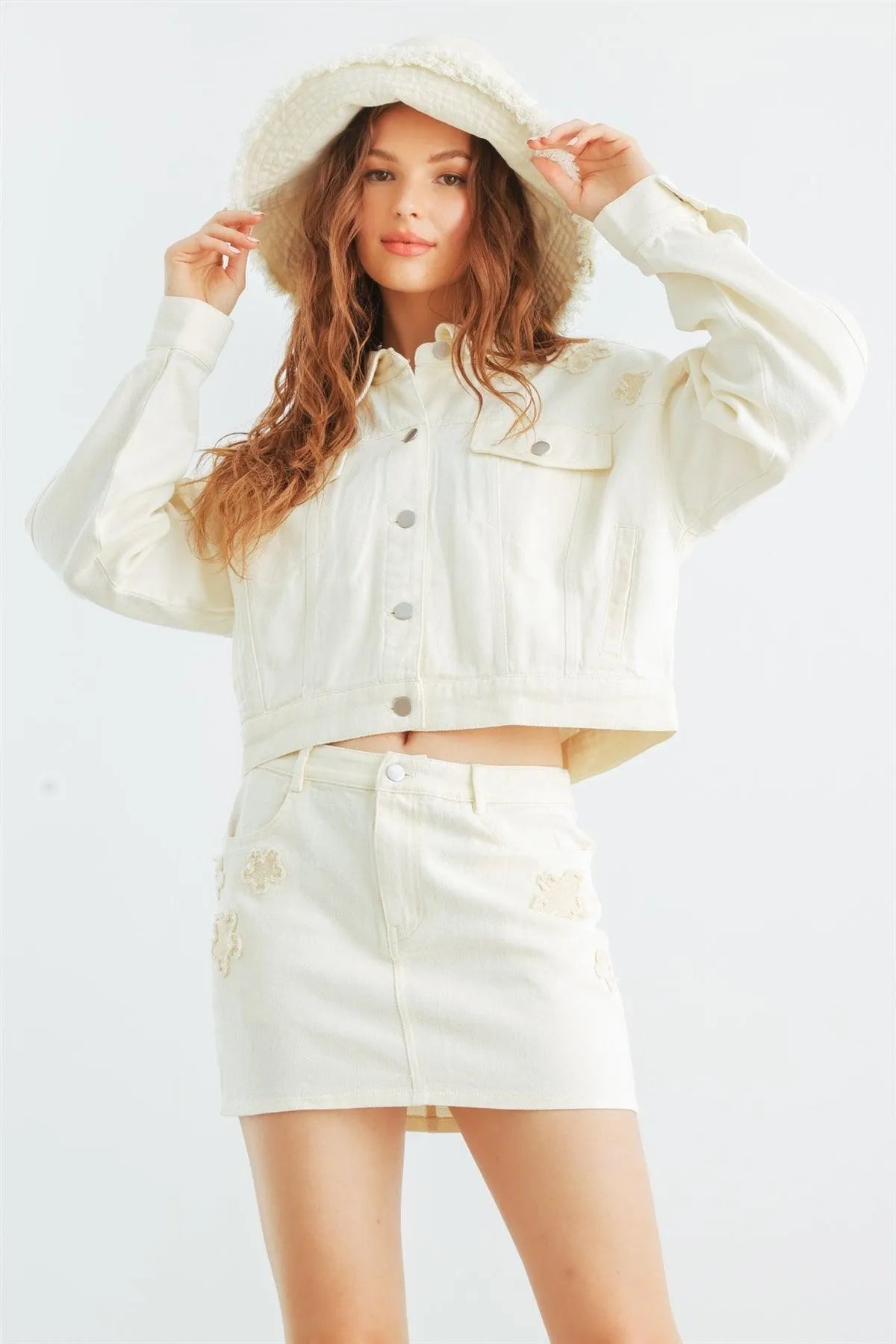 Cream Denim Cotton Collared Neck Button-Up Jacket & High Waist Mini Skirt Set /1-2-1-1 - Tasha Apparel Wholesale