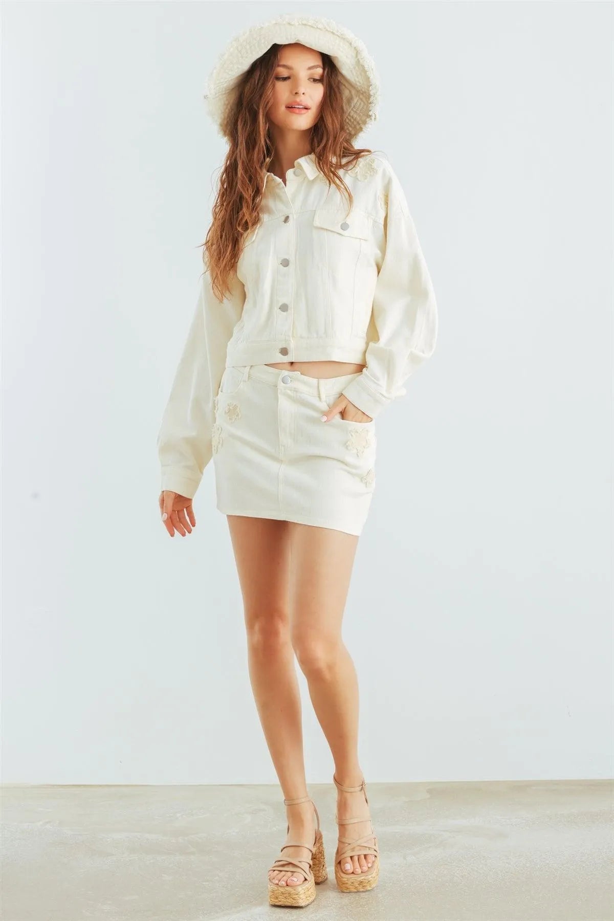 Cream Denim Cotton Collared Neck Button-Up Jacket & High Waist Mini Skirt Set /1-2-1-1 - Tasha Apparel Wholesale