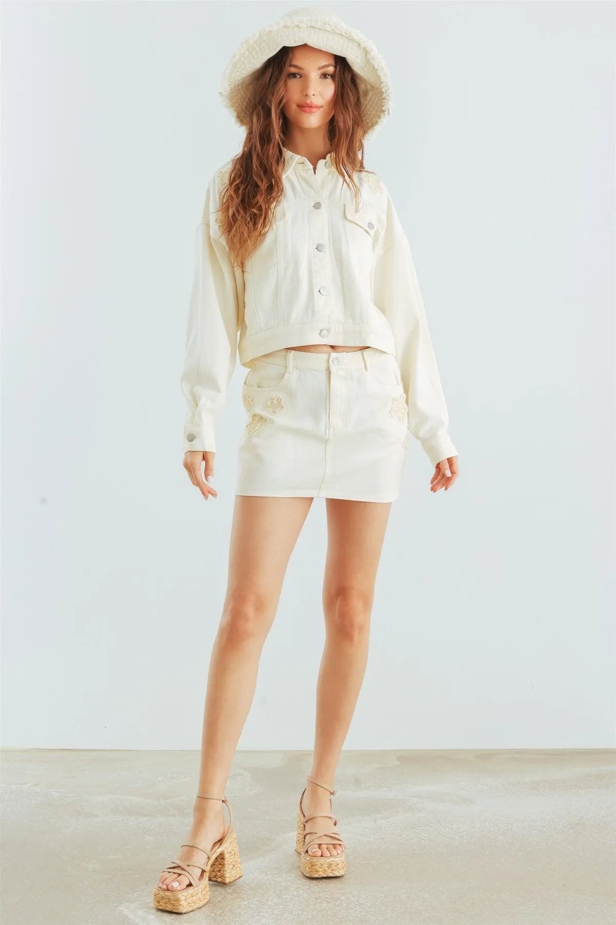 Cream Denim Cotton Collared Neck Button-Up Jacket & High Waist Mini Skirt Set /1-2-1-1 - Tasha Apparel Wholesale