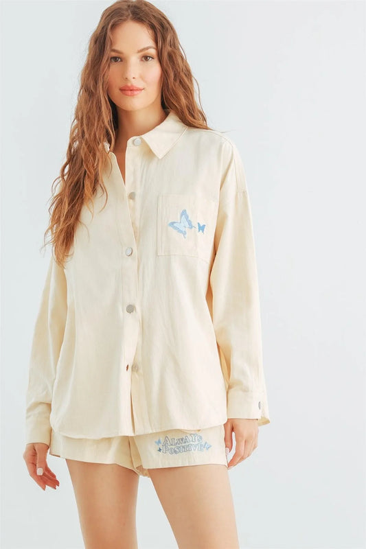 Cream Cotton Button-Up Collared Neck Jacket & High Waist Shorts Set /1-2-2-1 - Tasha Apparel Wholesale