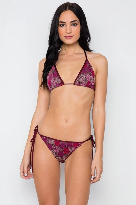 Burgundy Multi Color Polka Print Two Piece Bikini Set /4-4-4 - Tasha Apparel Wholesale