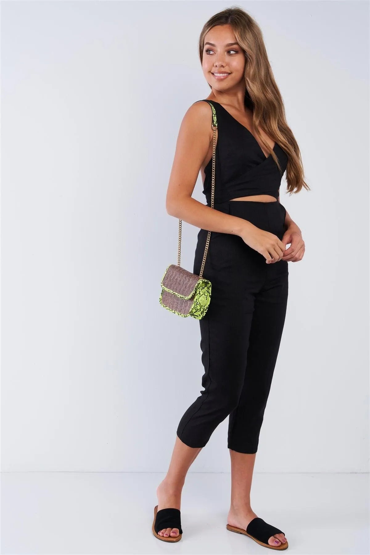 Sleeveless Black Linen Criss Cross Open Back V-Neck Tapered Pant Wrap Waist Jumper /3-2-1 - Tasha Apparel Wholesale
