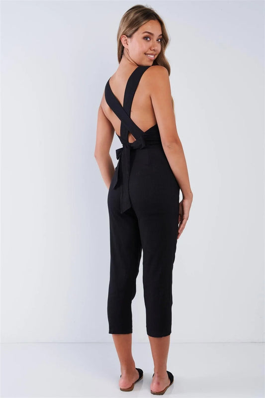 Sleeveless Black Linen Criss Cross Open Back V-Neck Tapered Pant Wrap Waist Jumper - Tasha Apparel Wholesale