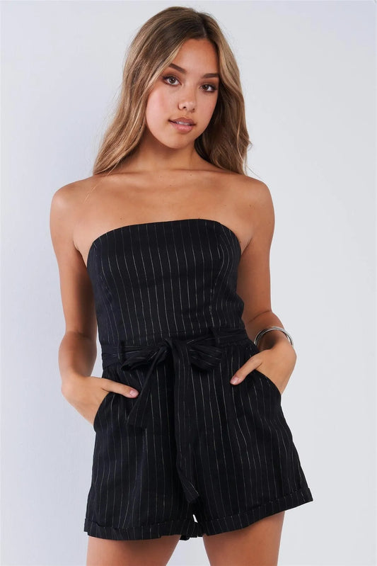 Strapless Black Pin Striped Folded Short High Fashion Romper - Tasha Apparel Wholesale