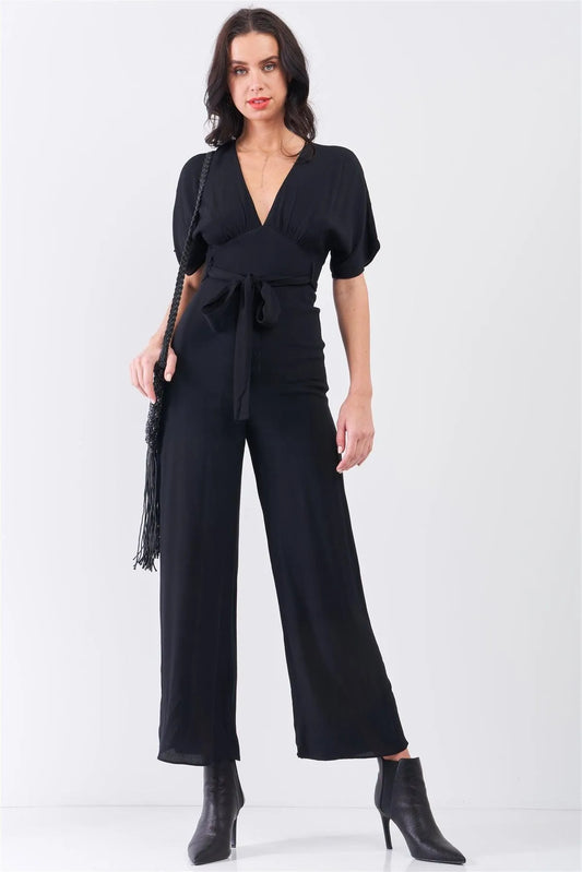 Jet Black Solid V-Neck Angel Sleeve Self-Tie Waist Detail Wide Leg Jumpsuit /3-2-1 - Tasha Apparel Wholesale