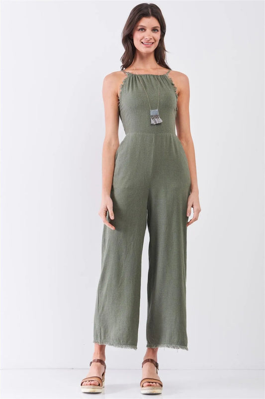 Moss Green Linen Sleeveless Raw Hem Detail Straight Leg Jumpsuit /3-2-1 - Tasha Apparel Wholesale